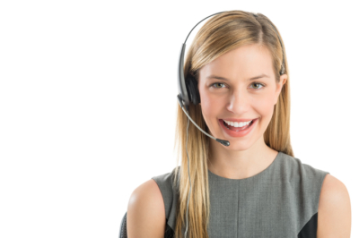 Close-up portrait young female customer service representative wearing headset smiling against white background
