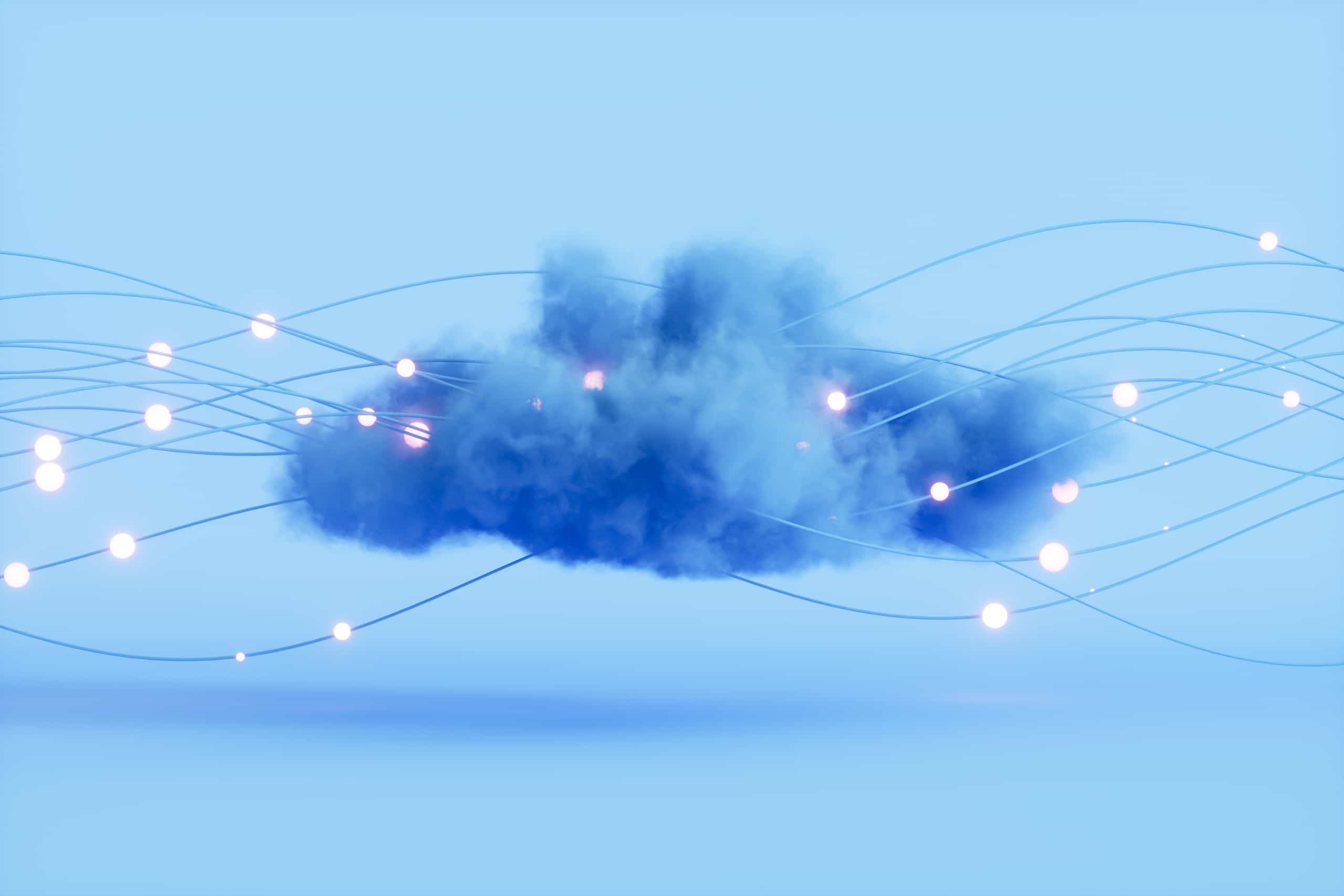 A metaphorical artistic representation of a cloud server, showing a blue cloud with various wires streaming out of it. Balls of light representing data are traveling along the wires.