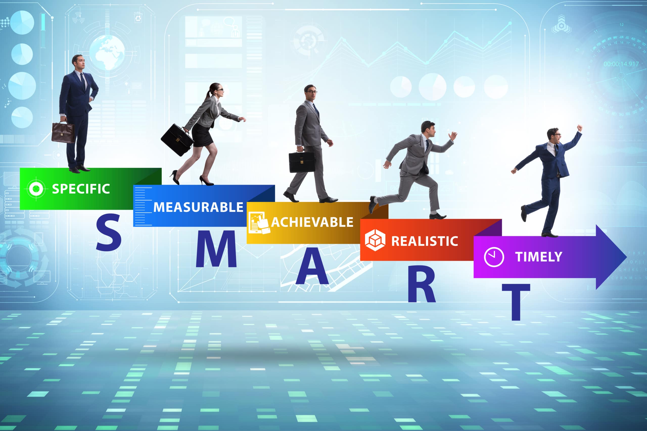 5 business people each on top of one letter in SMART