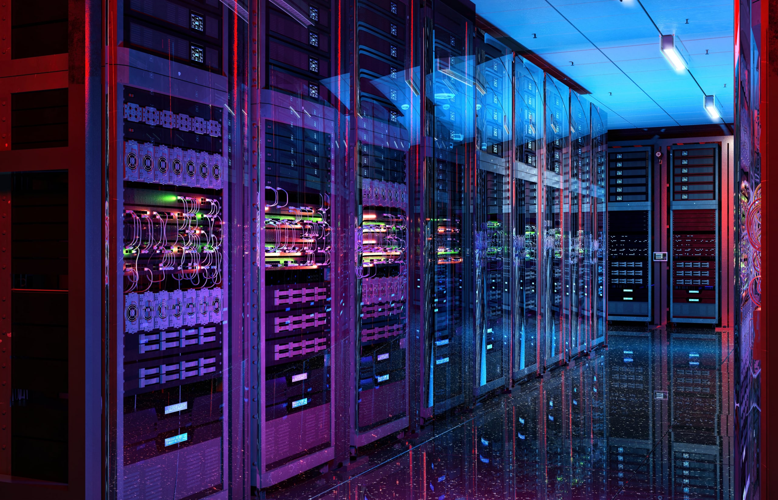 A futuristic-looking server room, lit with neon-colored lights.