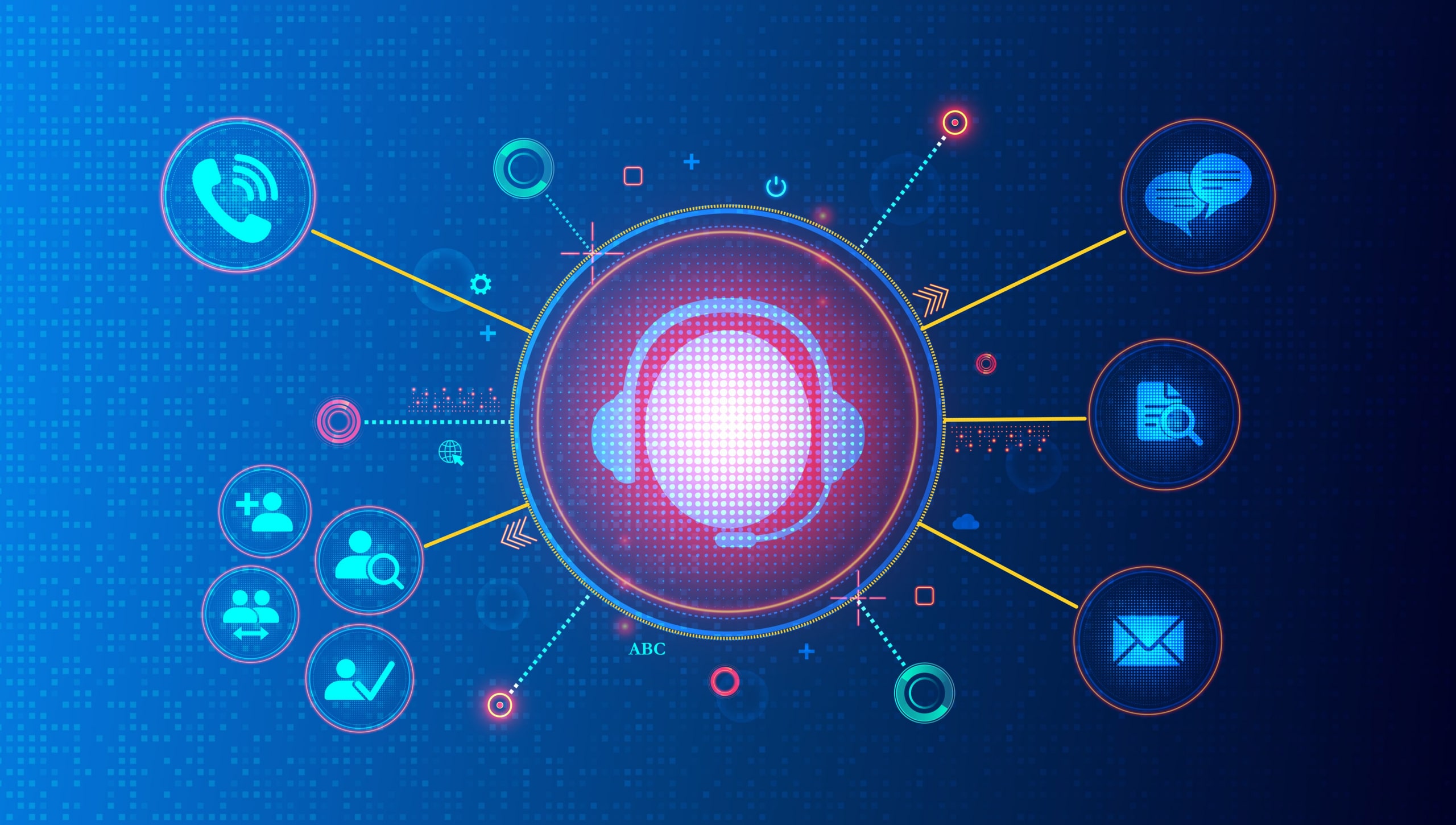 An abstract visualization of of an omnichannel contact center, showing icons representing various communication channels branching out from an icon of a call center agent.