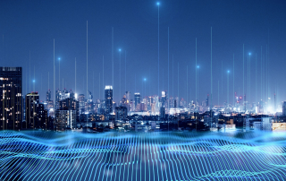 A tech city concept with digital blue wavy wires.