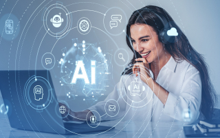 A female contact center agent using AI for a customer support call.