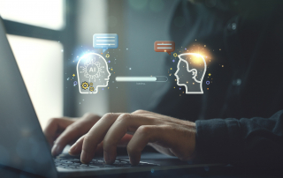 Person typing on a laptop with AI icons showing how AI helps improve customer support.