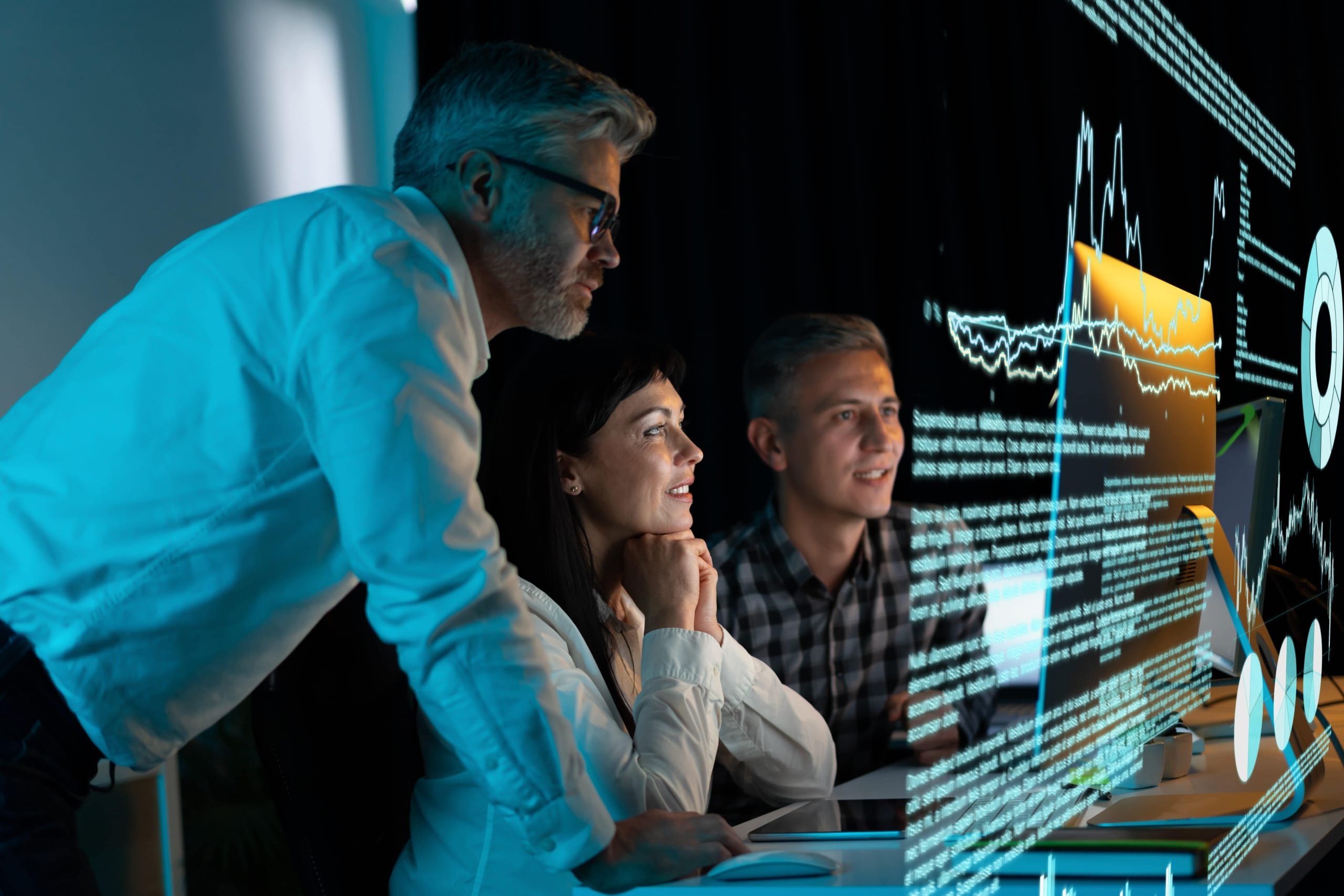 Team Of Professionals Analyzing Digital Data On Futuristic Screen, Collaborative Work Environment. Innovative Technology, Business Strategy, Data Analysis, Advanced Analytics, Teamwork