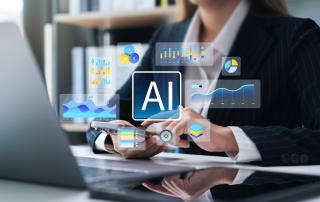 A customer service representative using AI with AI images and trend graphs.