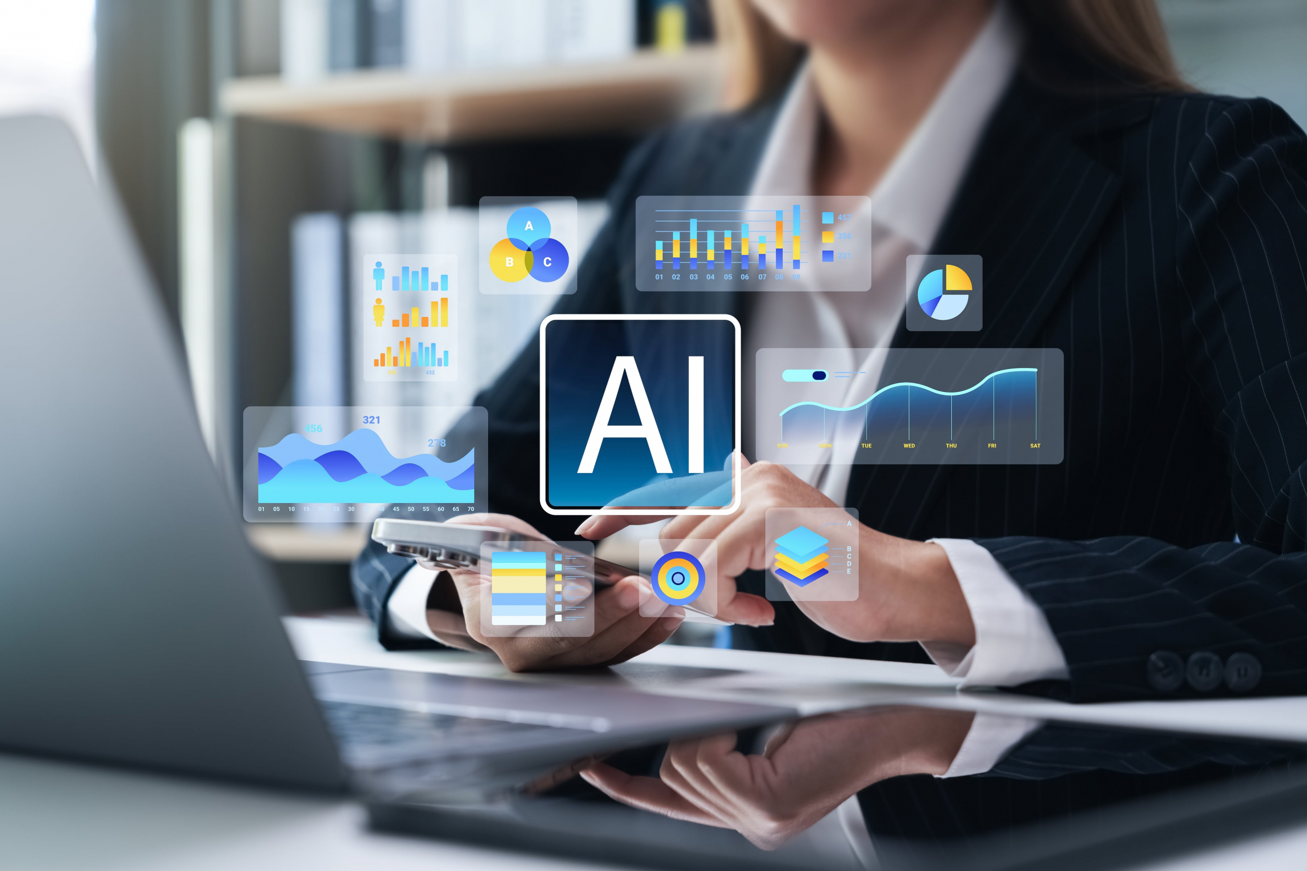 A customer service representative using AI with AI images and trend graphs.