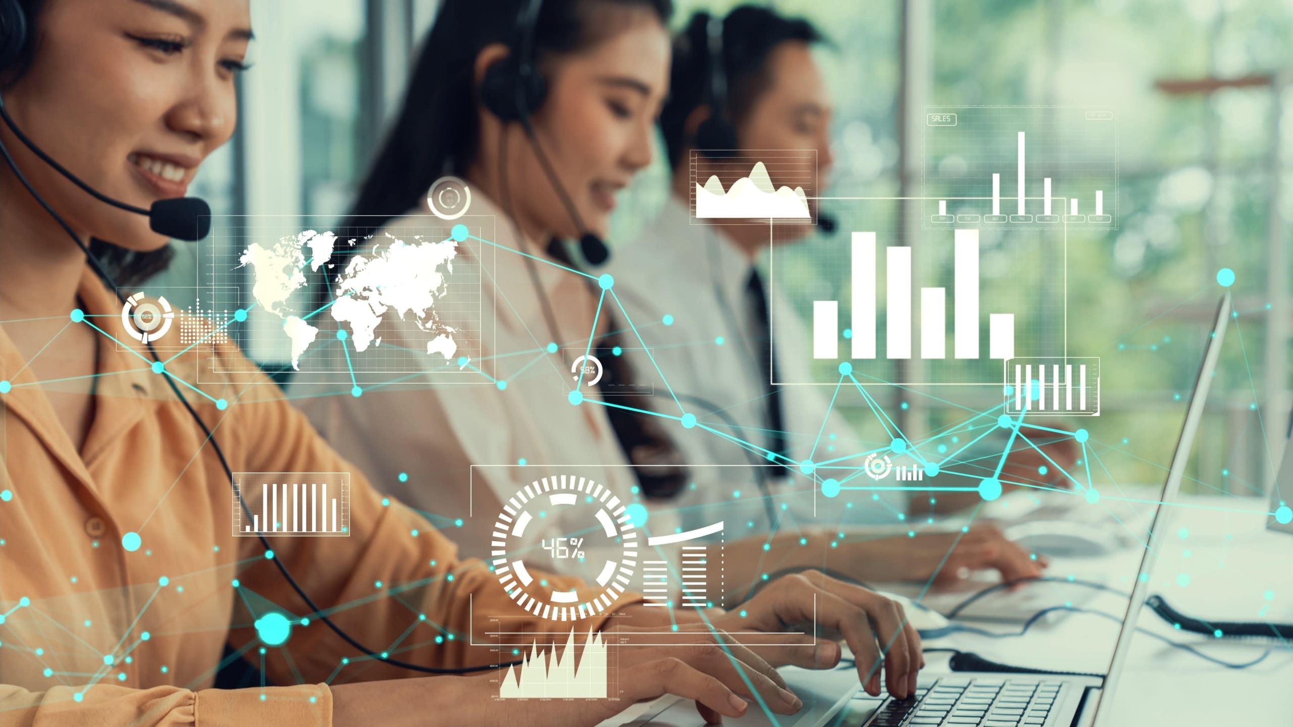 Customer support call center provide data in conceptual vision . Business and communication technology concept