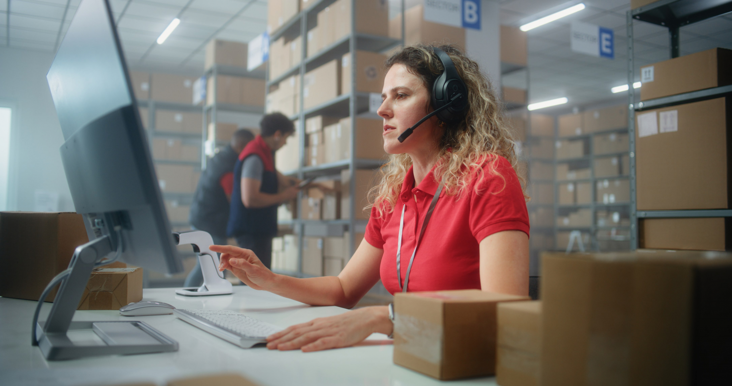 female small business customer service representative on her computer in a warehouse