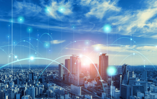 Enterprise buildings with illustrations of wireless connections and calls for illustrative purposes.