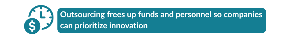 outsourcing frees up funds and personnel Icon with text on how outsourcing frees up funds and personnel so companies can prioritize innovation.