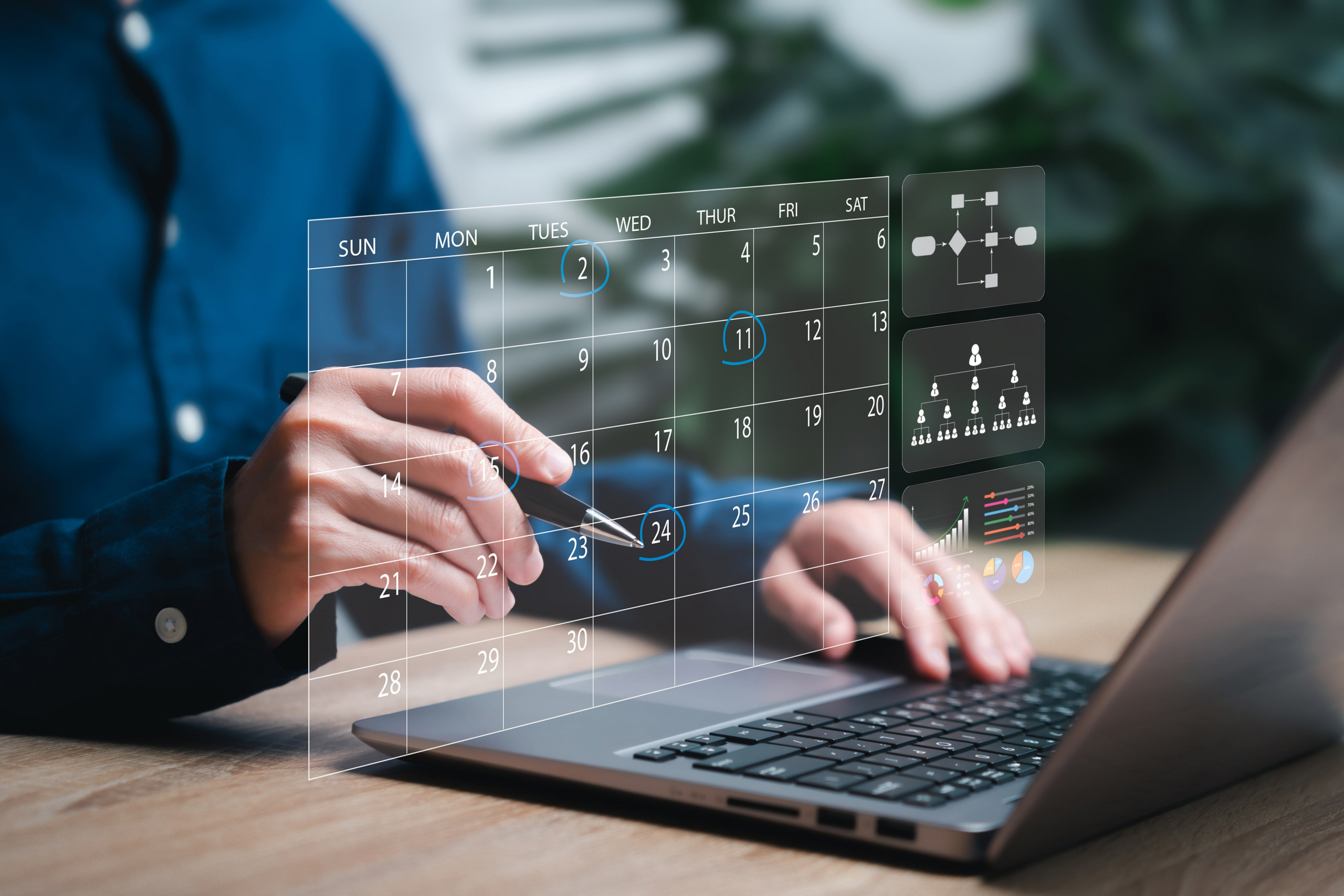 A person on their laptop scheduling an appointment with a virtual calendar image.